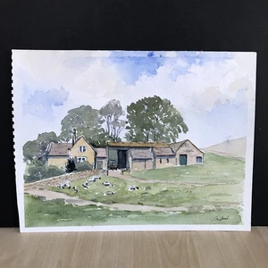 Pintura de paisaje acuarela original - Housesteads Farm Northumberland NT - Imagen 1 de 9