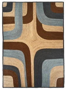 Alfombra de yute con patrón geométrico de yute azul y marrón, para alfombra de noche de salón - Imagen 1 de 12
