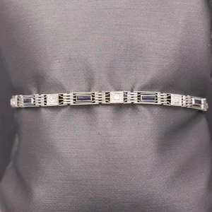 Sleek Late Art Deco Diamond and Lab Created Sapphire Link Bracelet in 14k WG - Picture 1 of 7