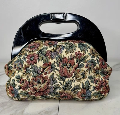 Vintage Floral Tapestry Purse w/ Black Frame Handle Made In Hong Kong- H 7”xW 8” - Image 1 of 4