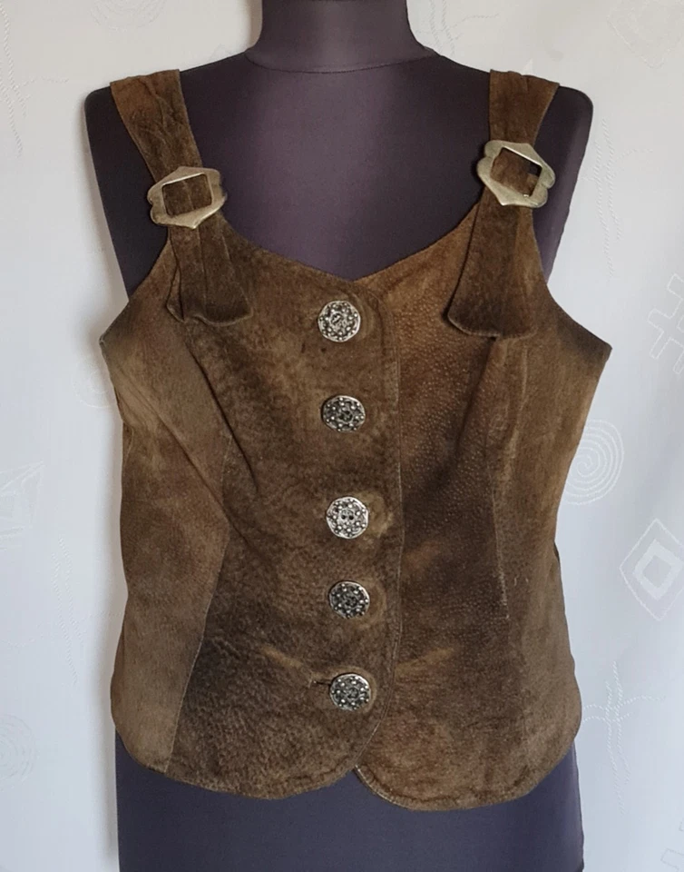 Блузка винтажная страна Trachten Dirndl Октоберфест Тироль кожи коричневый Топ: 12/40 - Изображение 1 из 4