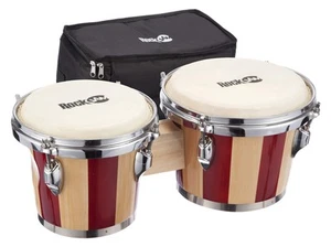 7" and 8" Bongo Drum Set with Padded Bag and Tuning Key, Red and Natural Stripe - Picture 1 of 6