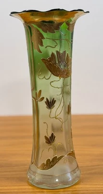 Bohemian Art Nouveau Green Glass Vase 12” Tall Enamel Gold Floral Hand Blown - Image 1 of 4