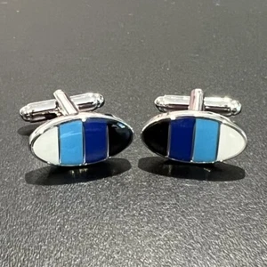 Black Blue White Oval Cufflinks For Men Birthday Wedding Gift Cufflinks In Box - Picture 1 of 5