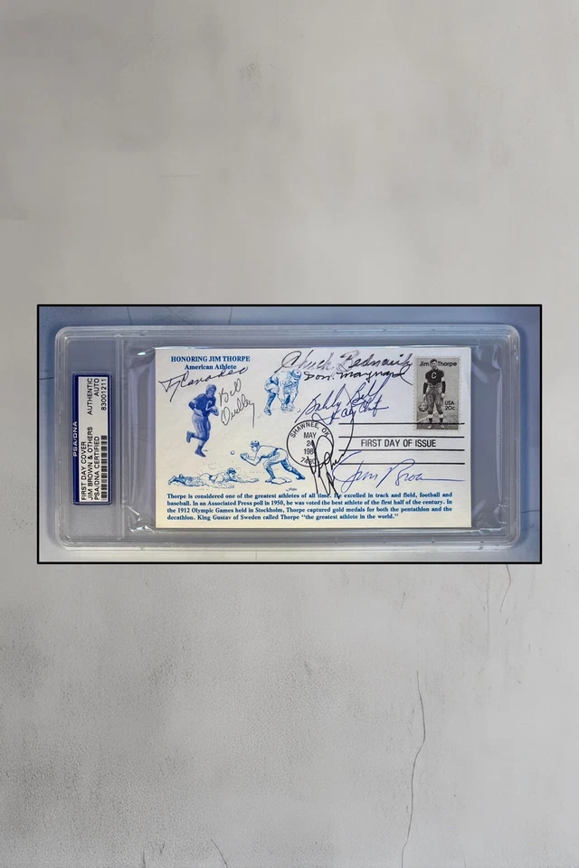 Jim Thorpe FDC signed by Hall of Famers-Brown, Bednarik, Bell, +4-PSA #83001211 - Image 1 of 1