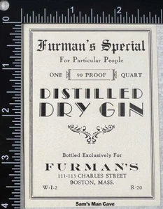 Furman's Special Distilled Dry Gin Label - MASSACHUSETTS - Picture 1 of 1