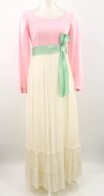 Maxi Vestido De Colección Para Mujer Años 60 Rosa y Crema con Cinturón Cinta Verde Años 60 Talla S/M Foto 1 de 4