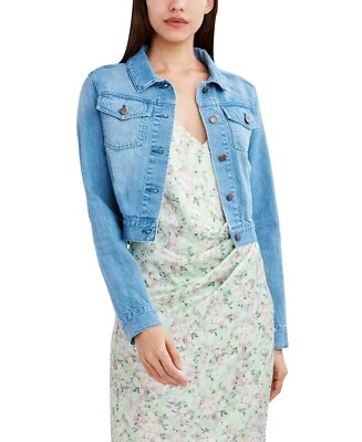 Jaqueta jeans feminina BCBGeneration cropped bolsos aba plissados costas tamanho XS - Imagem 1 de 4