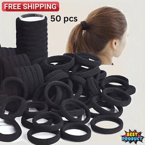 50pcs Black Hair Ties Ponytail Holders Girls Thick Elastic Seamless Hair Band - Picture 1 of 7