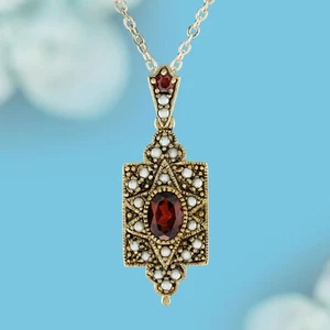 9K Yellow Gold Natural Garnet and Pearl Vintage Style Pendant - Picture 1 of 6