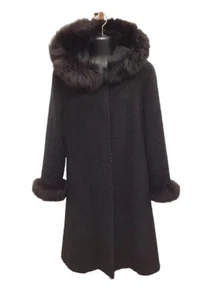 Marvin Richards Women Black Boiled Wool 3/4 Length Coat W Fur Trim Hood Size 14 - Picture 1 of 4