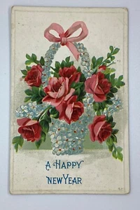 Postcard Happy New Year Rose Basket Embossed Posted 1911 Portland OR H100 - Picture 1 of 2