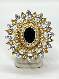 Gem-Craft Black Rhinestone Brooch Gold-Tone Vintage Signed Designer FREE Sh HUGE - Picture 1 of 6