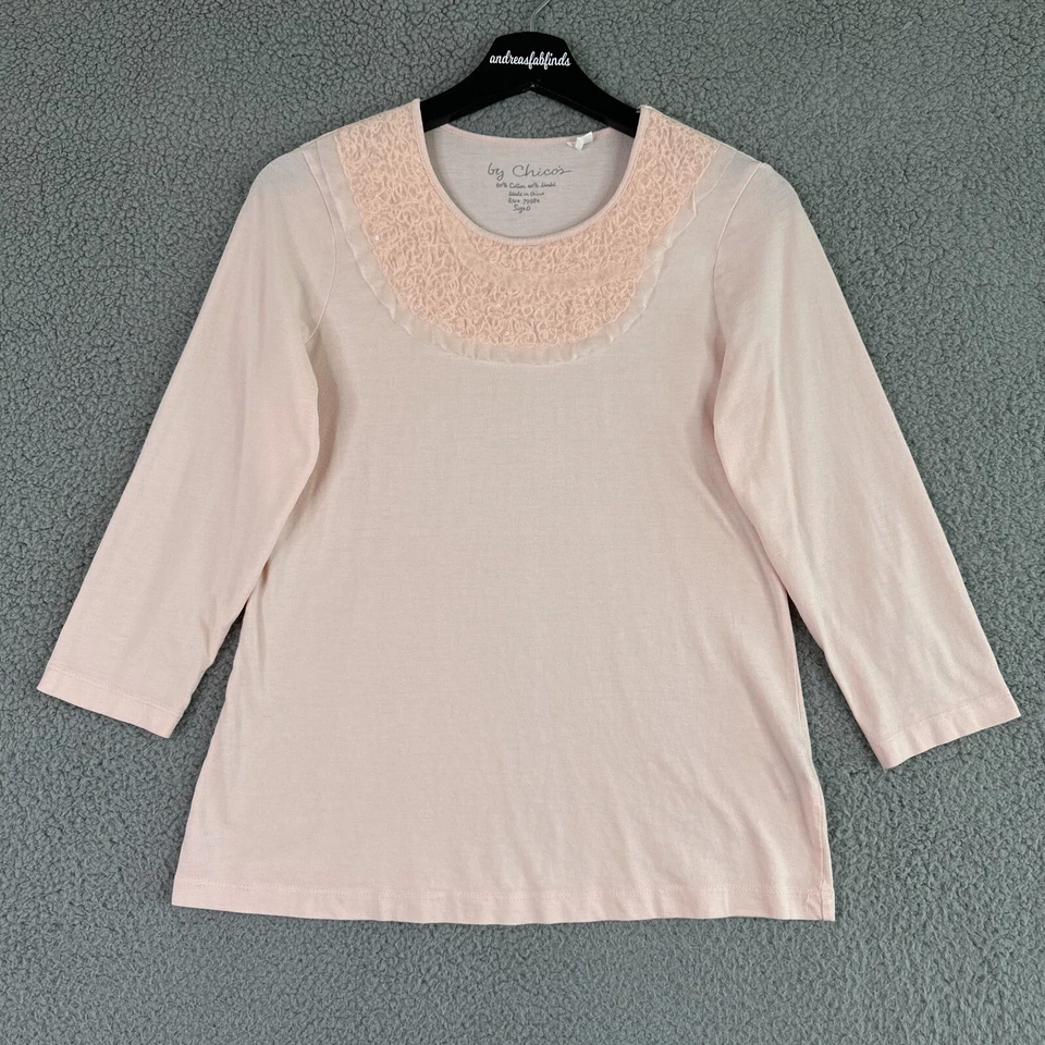 Chicos Top Womens 0 US Small Pink Sequin Tulle Ruffle Yoke 3/4 Sleeve Shirt - Image 1 of 4