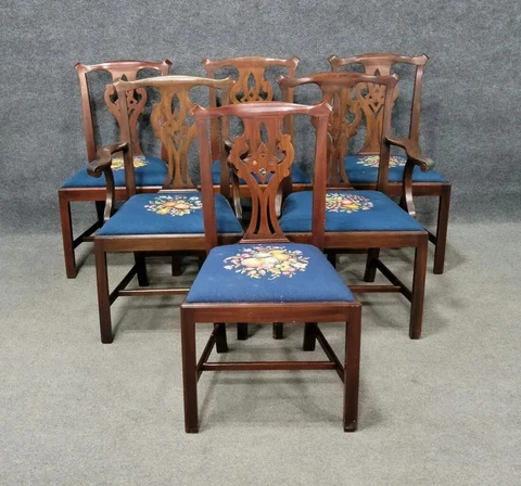 Set Of 6 HENKEL HARRIS Mahogany Dining Room Chairs Model 101 Needlepoint Fabric Cover