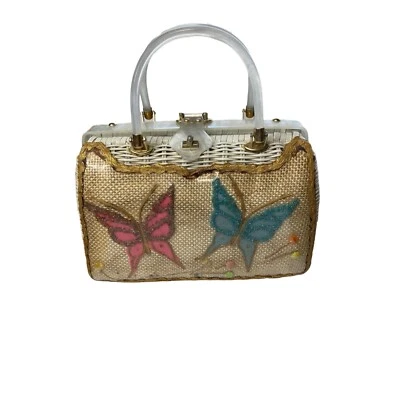 Atlas 柳条袋公主迷人蝴蝶盒包带 Lucite 手柄复古 — 第 1/4 张图片