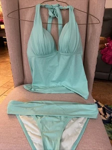 Victoria Secret Swim Tankini Set Top/bottoms L Sea Foam Green Solid Push Up EUC - Picture 1 of 7