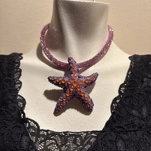 New BETSEY Johnson Purple Starfish Pendent Crystal Rope Mermaid Jewels Necklace - Picture 1 of 11