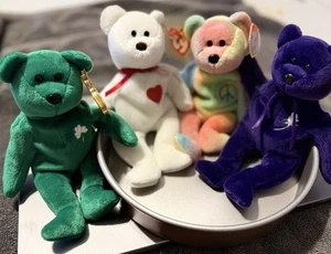 Vintage 4 Beany Baby Bears w/ Tags Valentino, Princess Diana, Peace Bear, Erin - Picture 1 of 8
