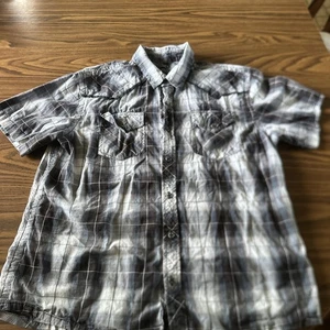 Vintage Y2K Black Button Shirt Men's Large Black/White/Blue Plaid Affliction - Picture 1 of 6