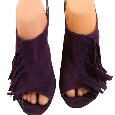Chinese Laundry Womens Sz 8 Purple Suede Wedge Heels Slingback Fringe Boho Chic - Image 1 of 4