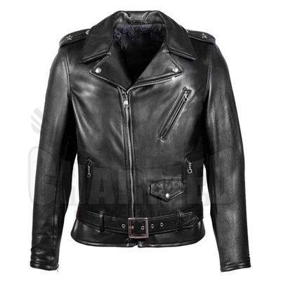 Men's Black Cowhide Leather Biker Jacket Handmade - Image 1 of 4