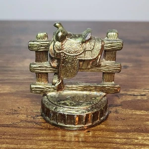 Antique Vintage Bronze Horse Saddle on Fence Desk Paperweight Western Decor - Picture 1 of 6