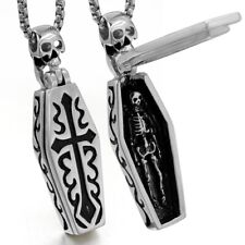 Mens Gothic Skull Coffin Pendant Punk Retro Necklace Stainless Steel Chain 24"