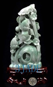 A Grade Jadeite Jade Lotus Koi Fish Statue Carving Sculpture w/ Certificate - Picture 1 of 8