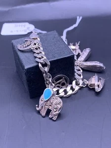 STERLING SILVER CHARM BRACELET - ITALIAN CHAIN WITH 9 CHARMS - Picture 1 of 2