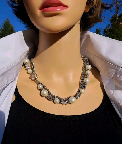 Givenchy Collana a 2 fili con perle finte tono argento strass trasparenti