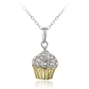 925 Silver Two Tone Diamond Accent Cupcake Necklace, 18" - Picture 1 of 3