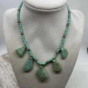 Navajo Style Turquoise Bead Amazonite Nugget Germanic Silver Necklace - Picture 1 of 7