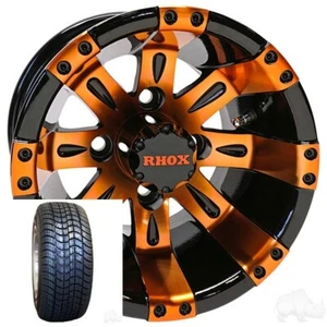 Golf Cart (4) RHOX 10'' Wheels & Tires Vegas Bla/Orange 10x7 Rim 205x50-10 tires - Picture 1 of 3
