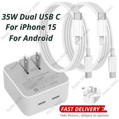 Cargador rápido doble tipo C de 35 W para iPhone 15 Pro iPad Android PD ladrillo cable USB-C Foto 1 de 4