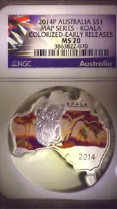 2014-P Australia MONETA A FORMA DI MAPPA, KOALA 1 oncia $1 moneta d'argento NGC MS70 ER - Foto 1 di 5