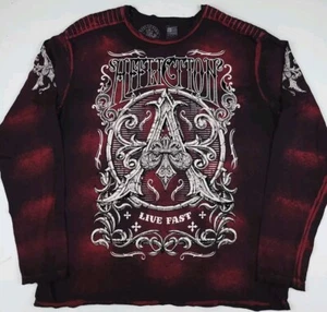 T-shirt vintage Y2k Affliction Live stampa veloce vintage rara tinta nera rossa Htf 2XL - Foto 1 di 9