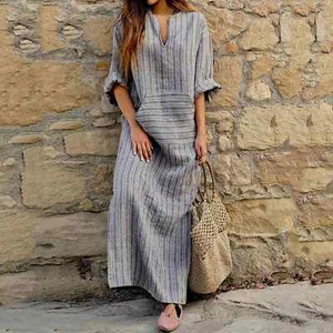Women'S Summer Dresses Cotton Linen Dresses V Neck Half Sleeve Long Dress - Picture 1 of 27