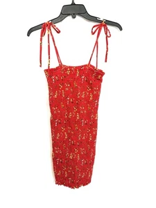 F21 Smocked Tube Dress Tie Spaghetti Straps Red Floral Size Small - Picture 1 of 5