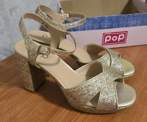 Pop Delighted Women's Gold Glitter Heeled Sandals 8.5M - Picture 1 of 9