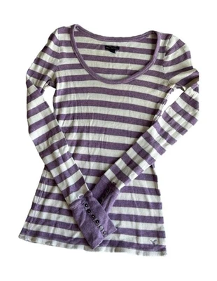 Blusa térmica feminina AE média roxa listra branca waffle malha Y2K - Imagem 1 de 3