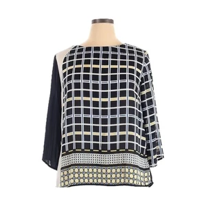 Madison Paige Navy Geometric Print Blouse 1X Pleated Back Lightweight - Picture 1 of 9