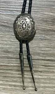 Vintage Western Style Sterling Silver Concho Bolo Tie w/Braided Leather Cord - Picture 1 of 5