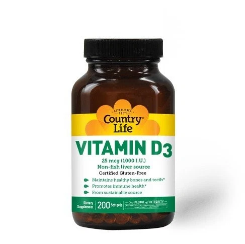 Country Life vitamina D3 1.000 UI fonte de fígado não peixe 200 cápsulas gelatinosas - Imagem 1 de 1