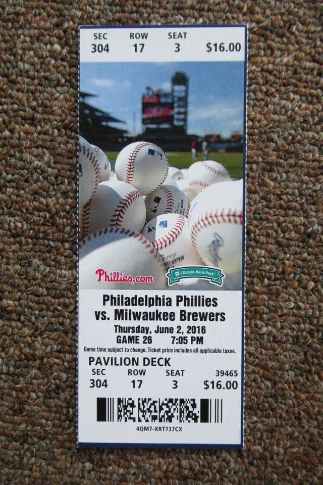 ПОЛНЫЙ БИЛЕТ PHILADELPHIA PHILLIES VS BREWERS 6/2/2016 ~ CARTER/VILLAR/FRANCO HRs - Изображение 1 из 1