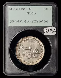 1936 50c Wisconsin Commemorative Half Dollar - OGH Rattler PCGS MS 65 - B3782 - Picture 1 of 8