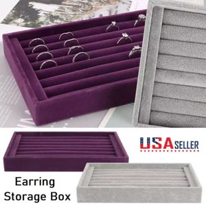 Large Velvet Jewelry Ring Display Organizer Tray Holder Box Earring Storage Case - Picture 1 of 15