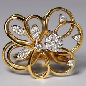 Womens Real Diamond Wire Flower Cocktail Ring Solid 14K Yellow Gold - Picture 1 of 6
