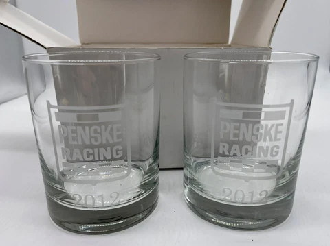 2-2012 Penske Racing Indy Bourbon Rocks Bar Glasses NEW IN BOX 4 1/4" Cover