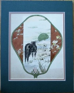 Louis Fischer / Künstler - signiert 1910 ORIGINAL KUNST für Papierfächer - Kuh & Sonnenuntergang - Bild 1 von 2